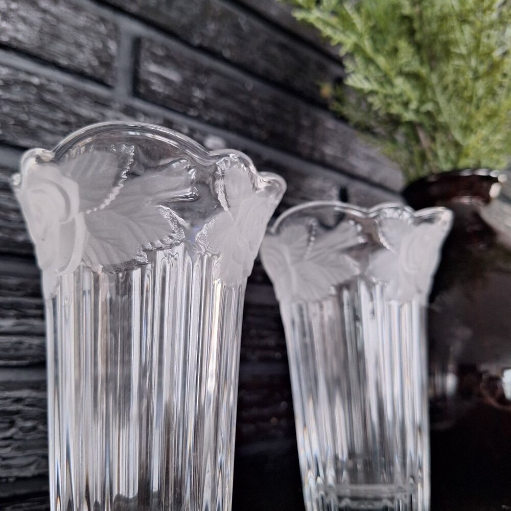 Studio Nova Japan Etched Crystal Pair Floral Vase Set Of‎ 2 Matching Vintage